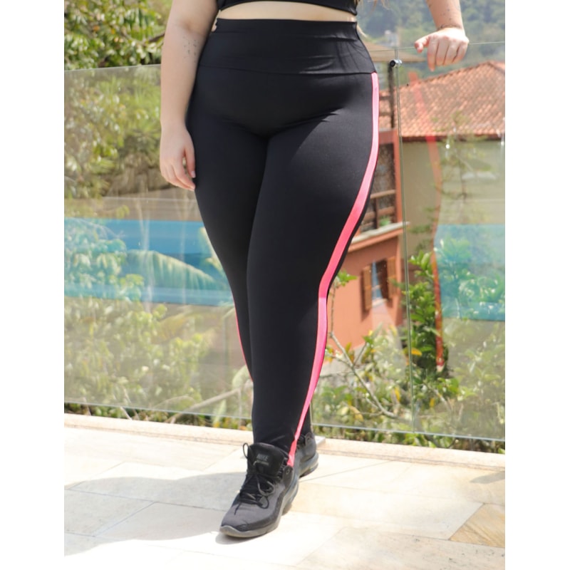 Calça Legging Plus Size Preta Cós Alto com Tela de Poliamida | Ref: 4.4.4302-0104-48