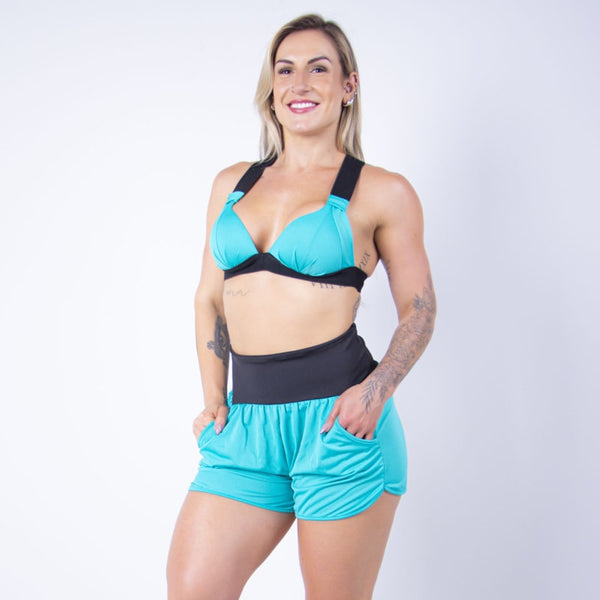 Conjunto Fitness em Dry Fit Verde com Top e Shortinho com Bolsos | Ref: 8.8.0118-05-G