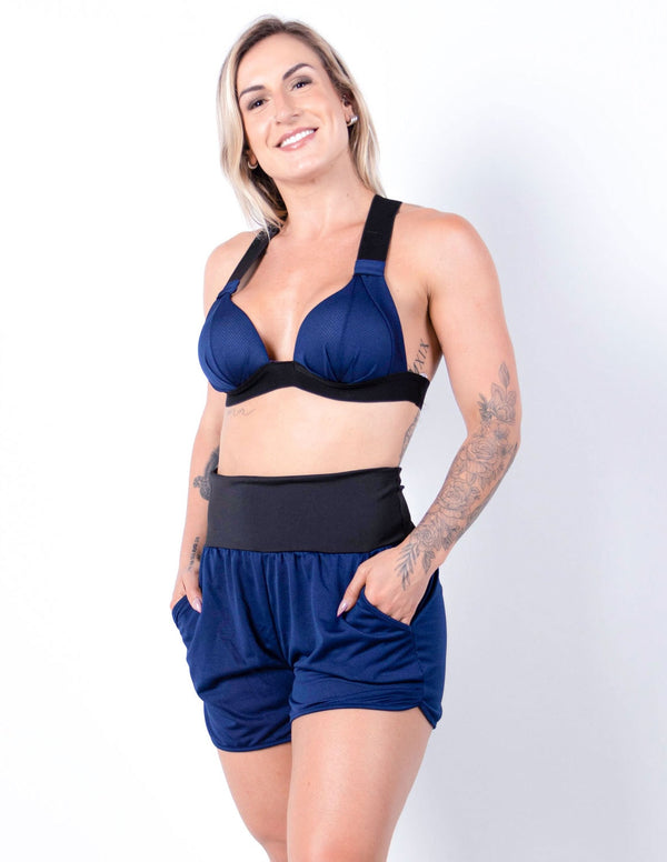 Conjunto Fitness de Dry Fit Azul Marinho com Short e Top com Bojo