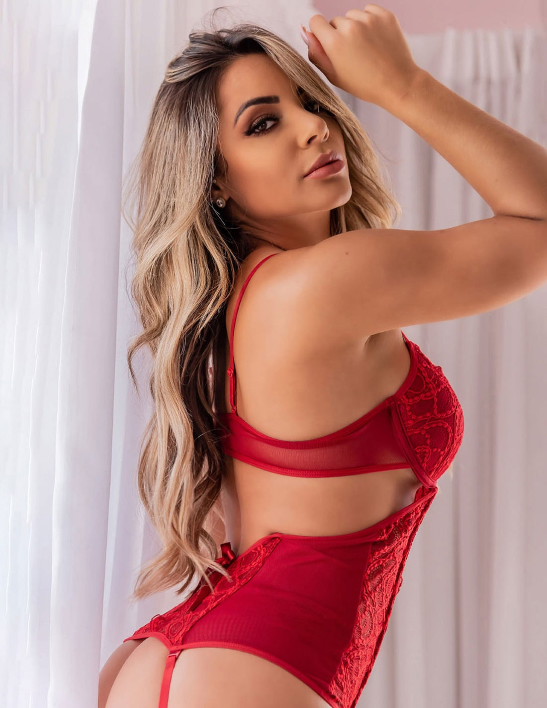Espartilho Sensual Sexy de Renda Com Calcinha e Meia 7/8 | Ref: 9.9.0003-11-G