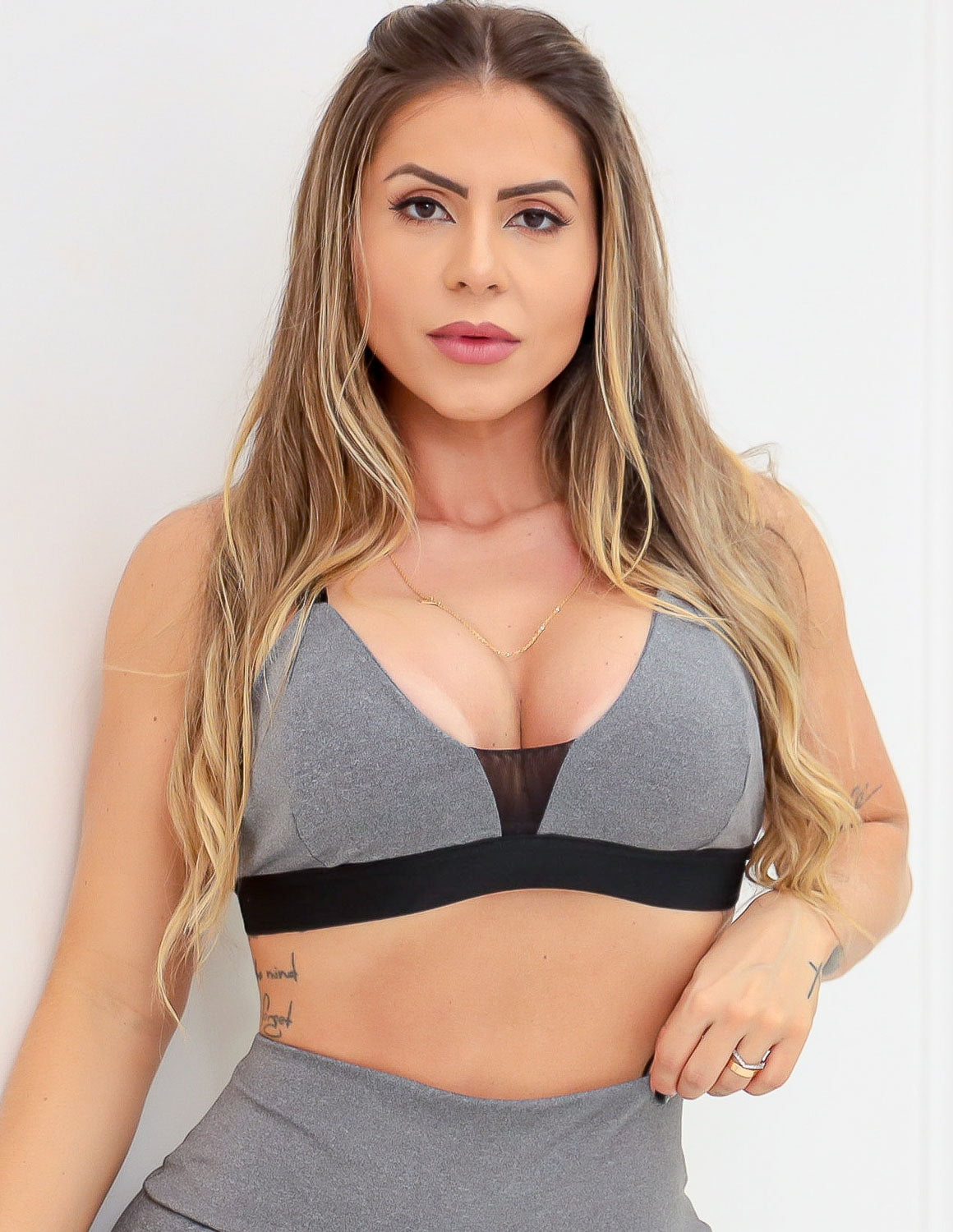 Conjunto Feminino Mescla Top com Bojo e Calça Punho com Tule | Ref: 8.8.0194-03