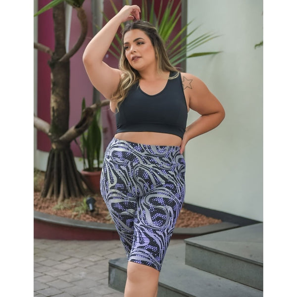 Conjunto Plus Size com Bermuda Ciclista Estampada e Top Preto sem Bojo | Ref: 8.8.0200-3244-01