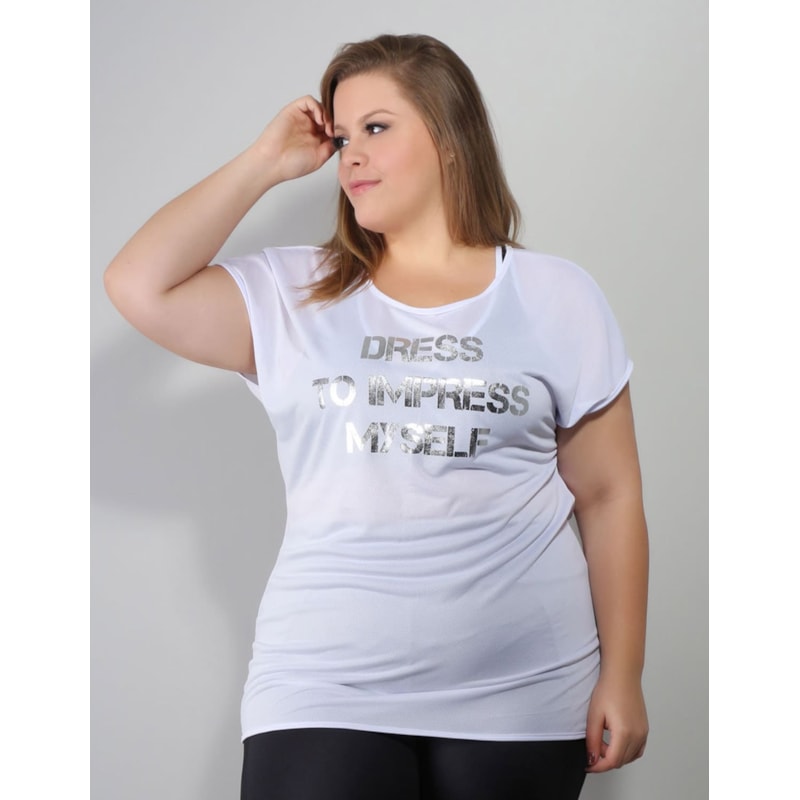 Blusa Feminina Plus Size Fitness Branca com Estampa em Dry Fit | Ref: 4.4.1752DRESS-02