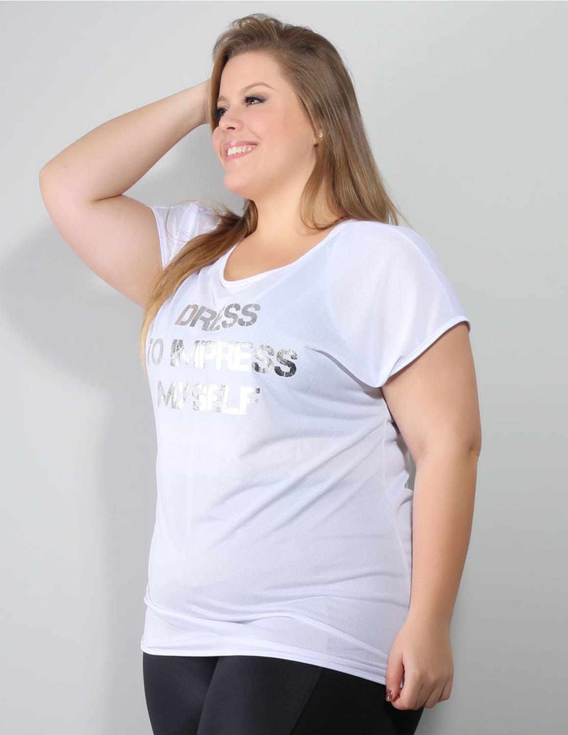 Blusa Feminina Plus Size Fitness Branca com Estampa em Dry Fit | Ref: 4.4.1752DRESS-02