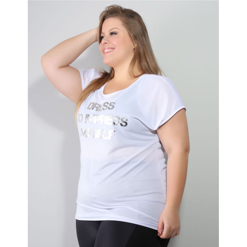 Blusa Feminina Plus Size Fitness Branca com Estampa em Dry Fit | Ref: 4.4.1752DRESS-02