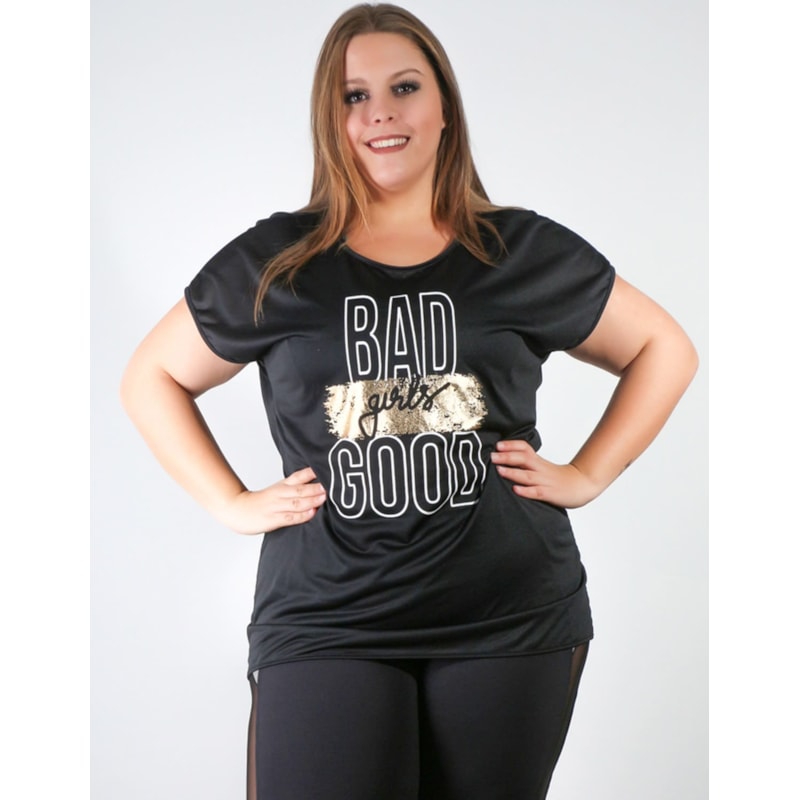 Blusa Plus Size Preta em Dry Fit com Estampa | Ref: 4.4.1752BAD-01