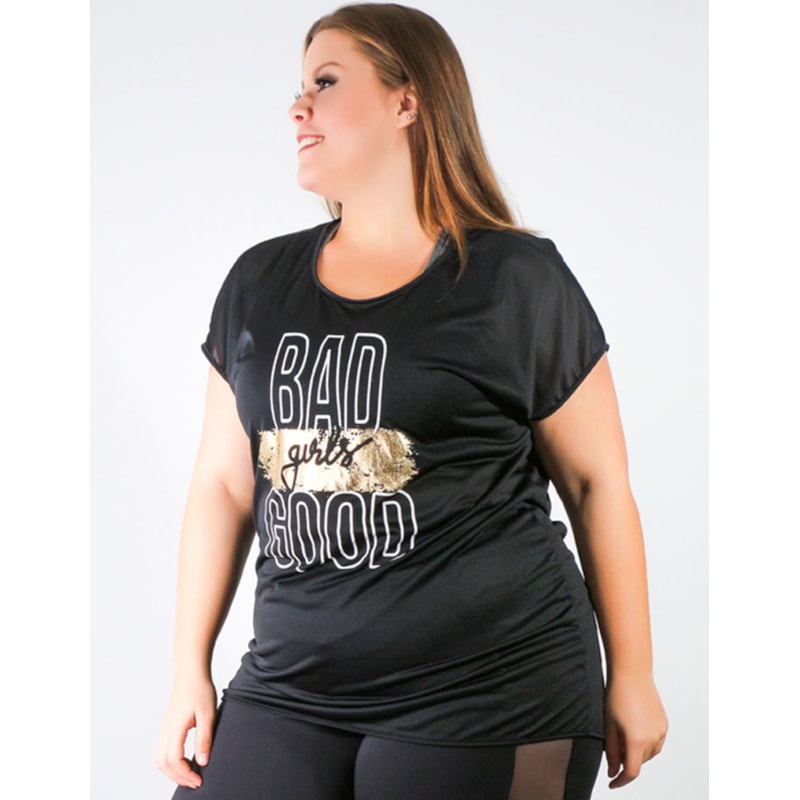 Blusa Plus Size Preta em Dry Fit com Estampa | Ref: 4.4.1752BAD-01