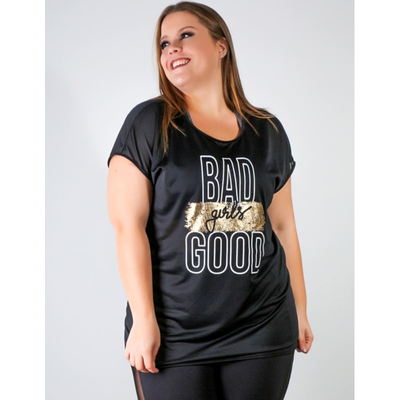 Blusa Plus Size Preta em Dry Fit com Estampa | Ref: 4.4.1752BAD-01