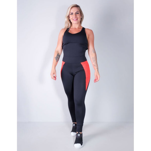 Macacão Fitness Empina Bumbum Preto com Bojo e Bolsos de Tela Laranja | Ref: 4.4.4297-0104
