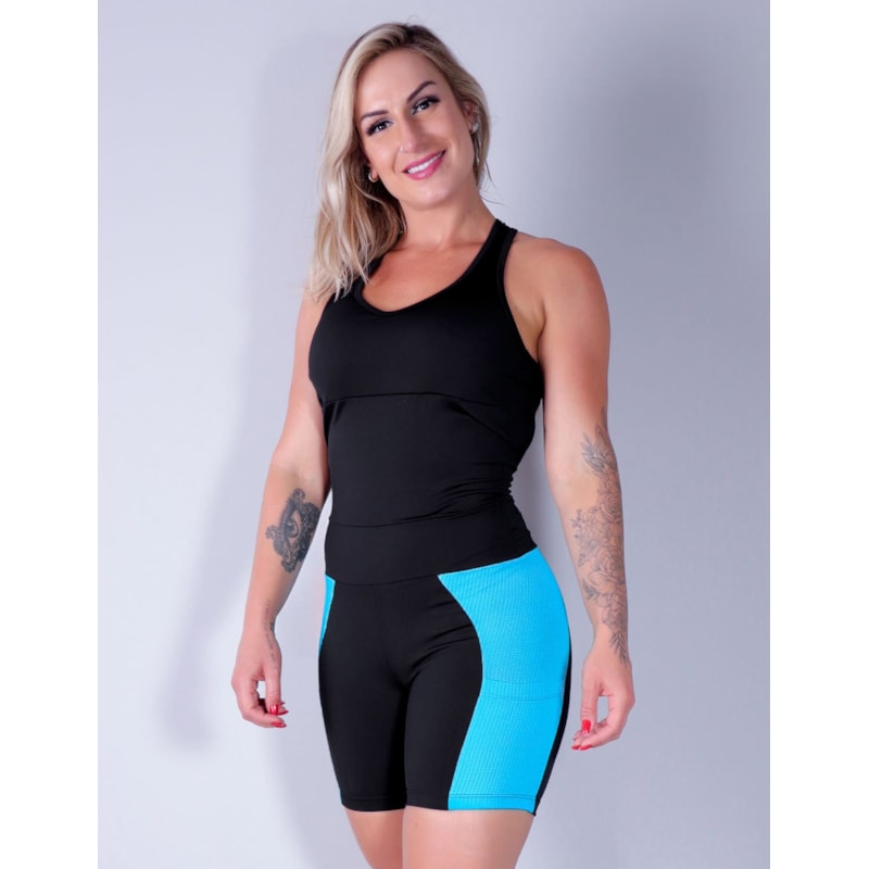 Macaquinho Fitness Empina Bumbum Preto com Bojo e Bolsos de Tela Azul Piscina | Ref: 4.4.4298-0138