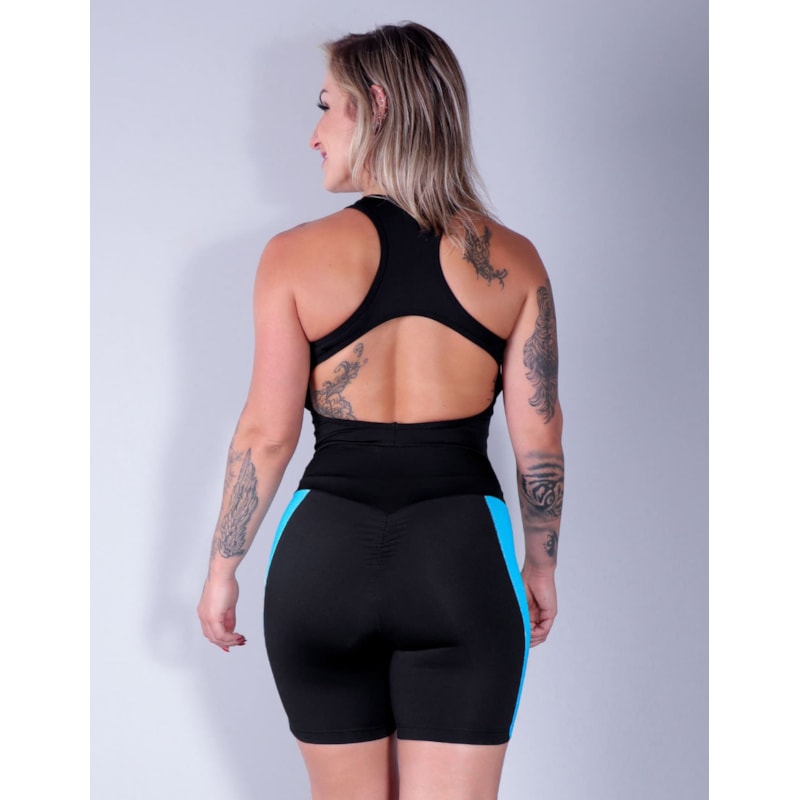 Macaquinho Fitness Empina Bumbum Preto com Bojo e Bolsos de Tela Azul Piscina | Ref: 4.4.4298-0138