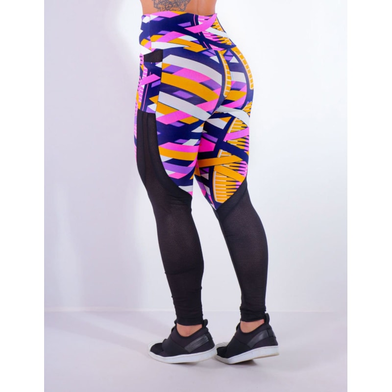 Calça Legging Estampada com Tela Preta e Bolsos | Ref: 4.4.4170-3189