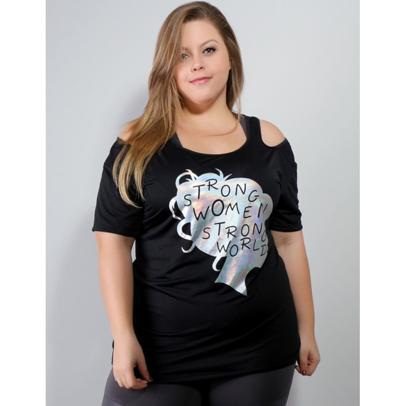 Blusa Plus Size com Estampa em Dry Fit Preto | Ref: 4.4.1751STRONG-01