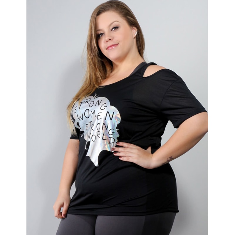 Blusa Plus Size com Estampa em Dry Fit Preto | Ref: 4.4.1751STRONG-01
