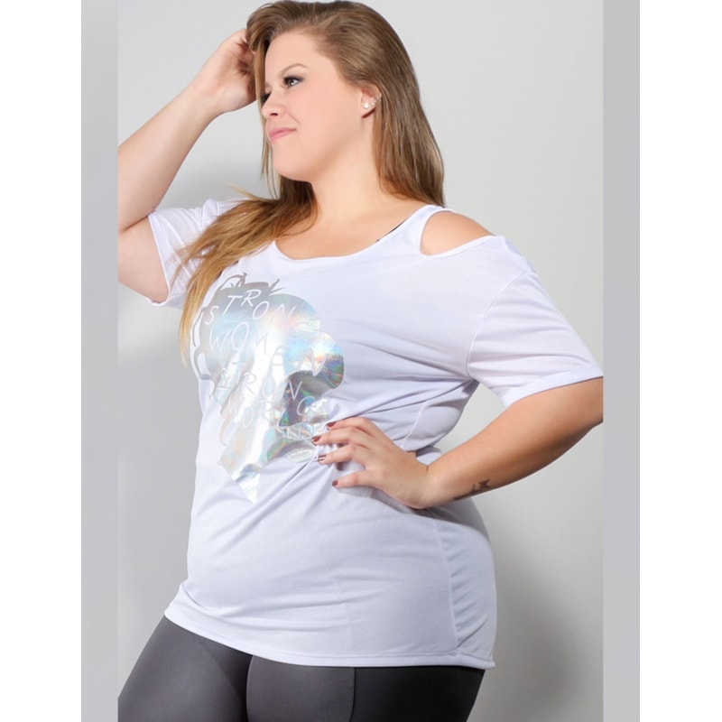 Blusa Plus Size com Estampa em Dry Fit Branca | Ref: 4.4.1751STRONG-02