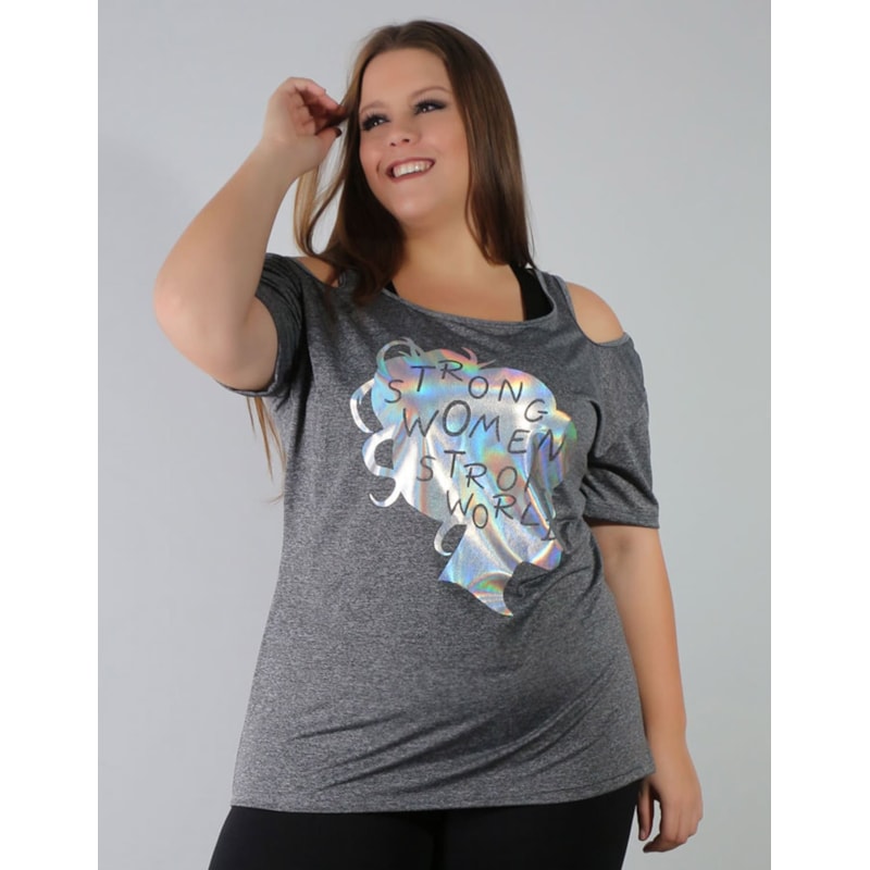 Blusa Plus Size em Dry Fit Mescla com Estampa | Ref: 4.4.1751STRONG-03