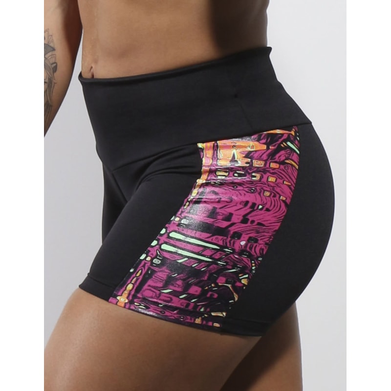 Short Feminino Preto com Cortes em Cirrê Estampado | Ref: 4.4.4165-3103