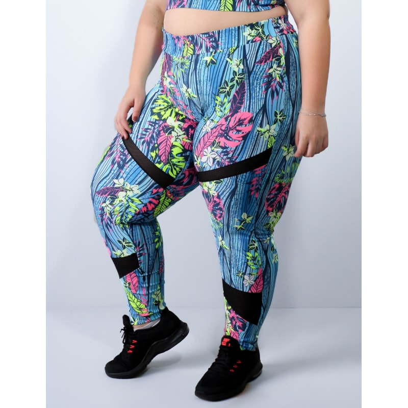 Calça Plus Size Estampada com Recorte de Tela nas Pernas | Ref: 4.4.1770-3099