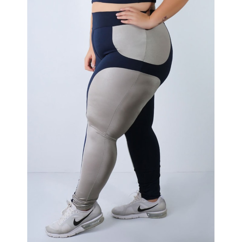 Calça Plus Size Azul Marinho com Recortes em Cirrê Prata | Ref: 4.4.4133-1845