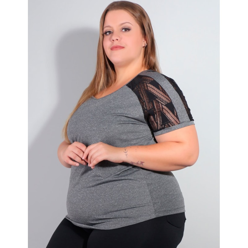 Camiseta Feminina Plus Size em Dry Fit Mescla com Recorte em Tela | Ref: 4.4.4142-03