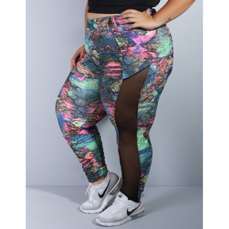 Calça Fitness Plus Size Estampada com Tule nas Laterais | Ref: 4.4.1768-957