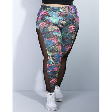Calça Fitness Plus Size Estampada com Tule nas Laterais | Ref: 4.4.1768-957