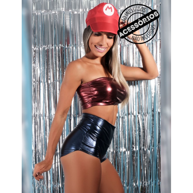 Conjunto Brilhoso com Top Vermelho sem Bojo e Sunguete Azul | Ref: 8.8.0077-0611