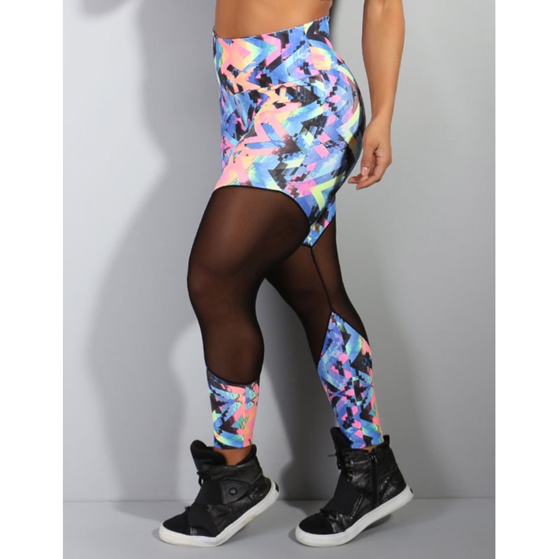 Calça Legging Estampada com Cortes em Tule Preto | Ref: 4.4.1712-3036