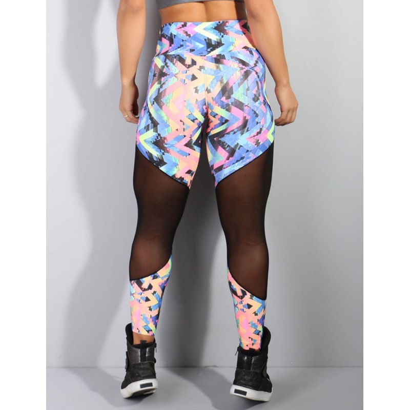 Calça Legging Estampada com Cortes em Tule Preto | Ref: 4.4.1712-3036