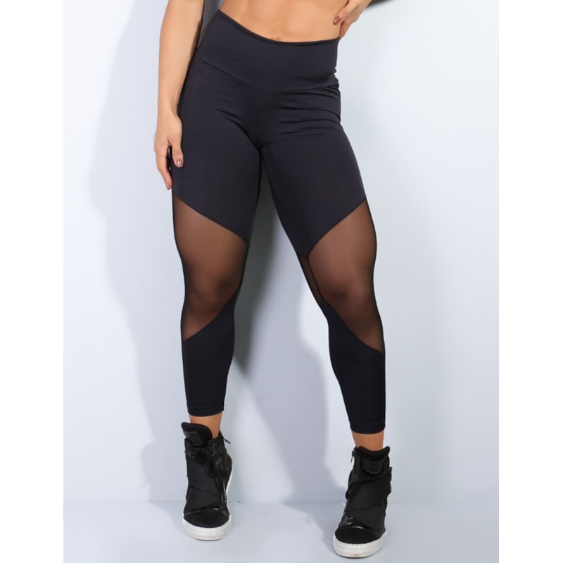 Legging Feminina Fitness em Poliéster Preto e Recorte em Tela | Ref: 4.4.1712-01