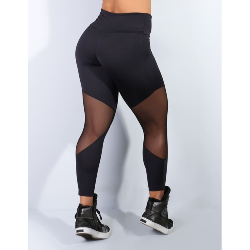 Legging Feminina Fitness em Poliéster Preto e Recorte em Tela | Ref: 4.4.1712-01