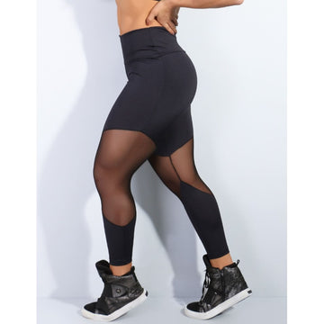 Legging Feminina Fitness em Poliéster Preto e Recorte em Tela | Ref: 4.4.1712-01