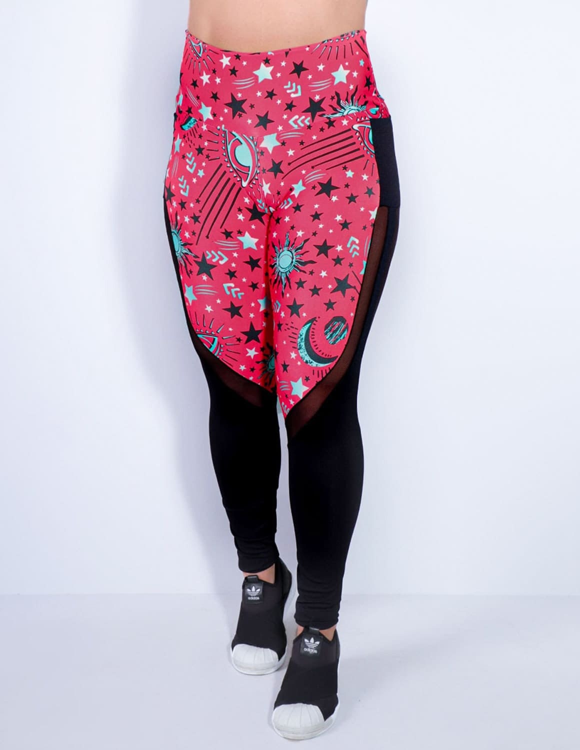 Calça Fitness Estampada com Bolsos e Tule Preto | Ref: 4.4.1815-3185