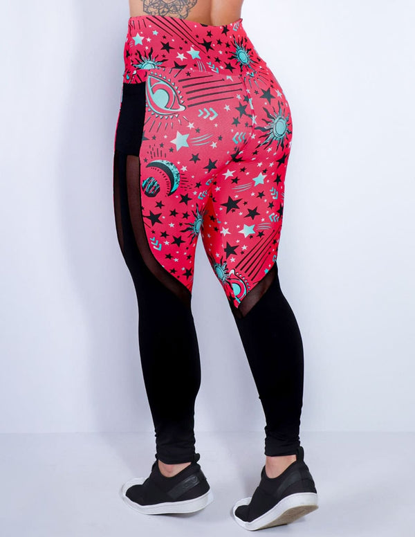 Calça Fitness Estampada com Bolsos e Tule Preto | Ref: 4.4.1815-3185