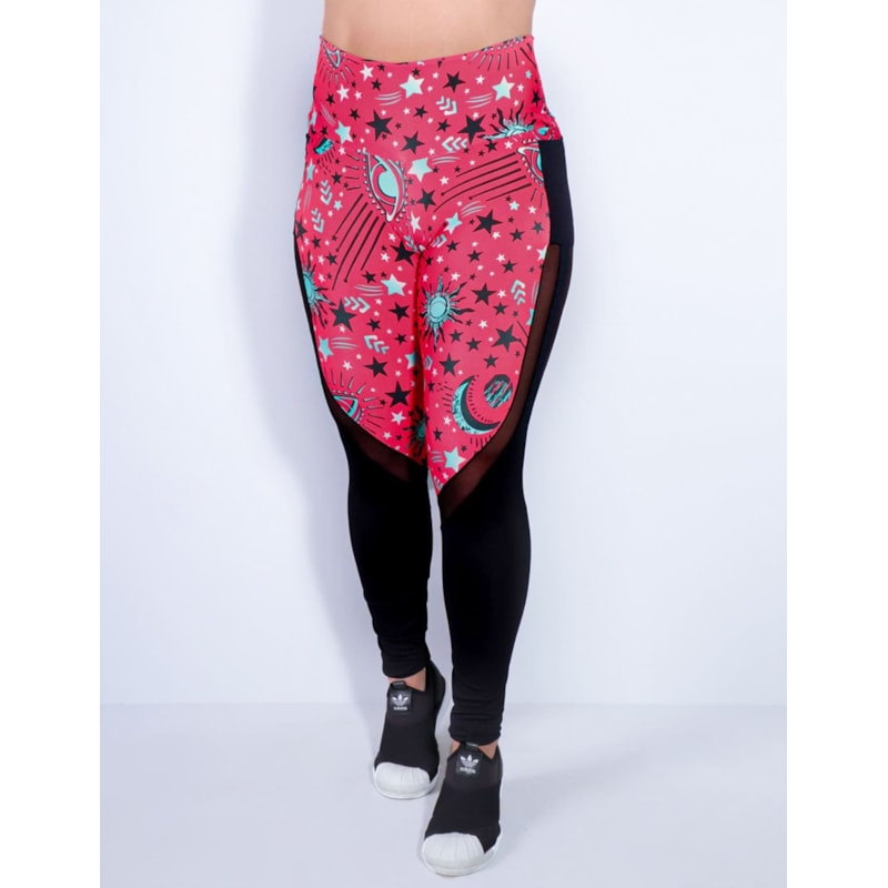 Calça Fitness Estampada com Bolsos e Tule Preto | Ref: 4.4.1815-3185