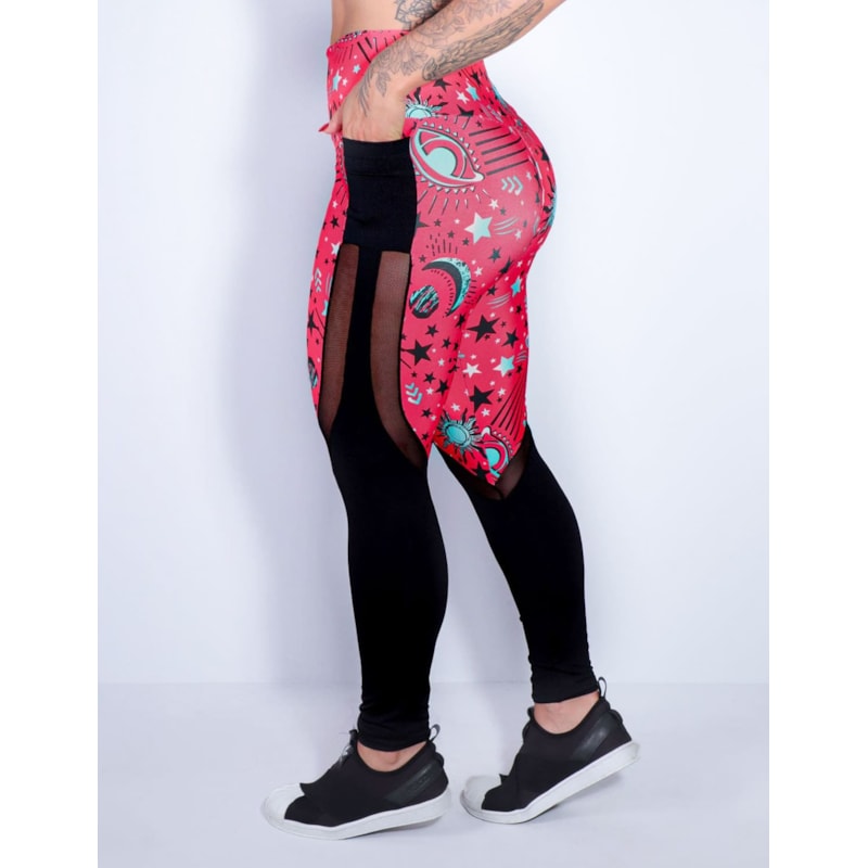 Calça Fitness Estampada com Bolsos e Tule Preto | Ref: 4.4.1815-3185