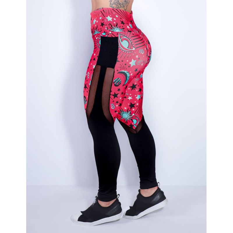 Calça Fitness Estampada com Bolsos e Tule Preto | Ref: 4.4.1815-3185