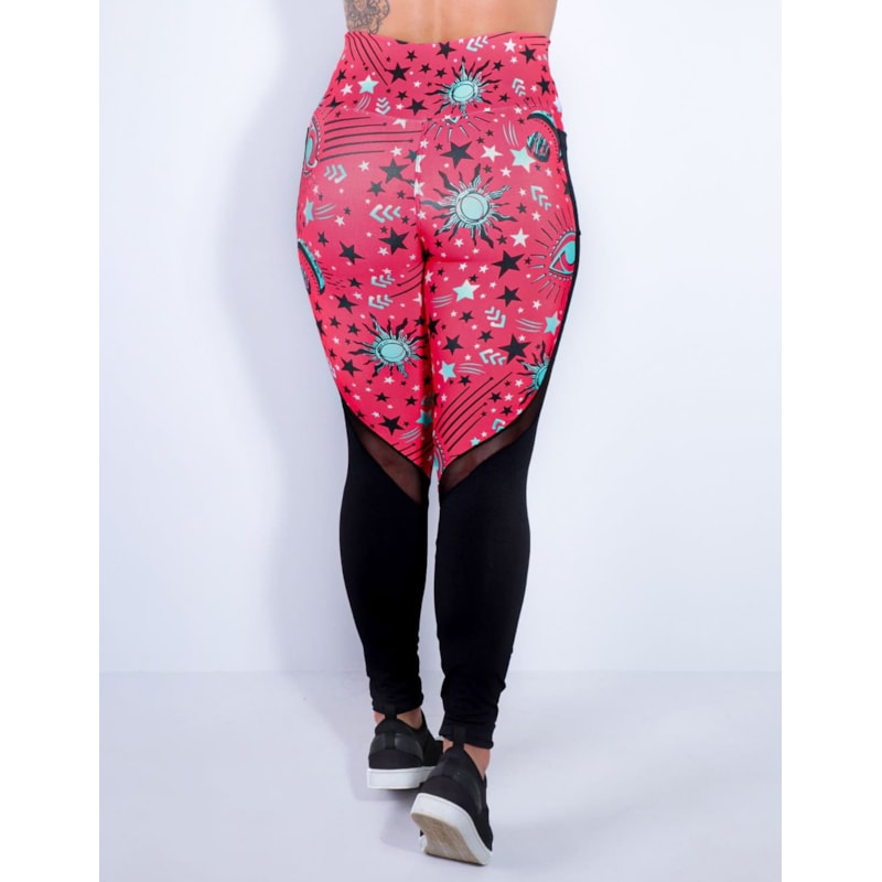 Calça Fitness Estampada com Bolsos e Tule Preto | Ref: 4.4.1815-3185