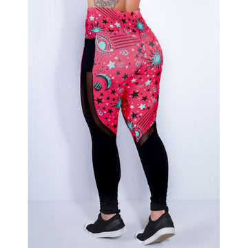 Calça Fitness Estampada com Bolsos e Tule Preto | Ref: 4.4.1815-3185