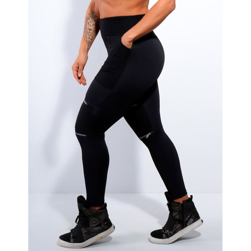Calça Fitmoda Em Poliamida Com Zíper E Bolsos