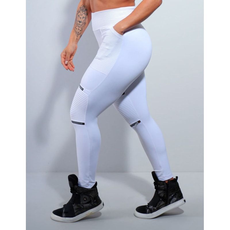 Calça em Poliamida Branca com Bolsos e Zíper | Ref: 3.3.2439-02