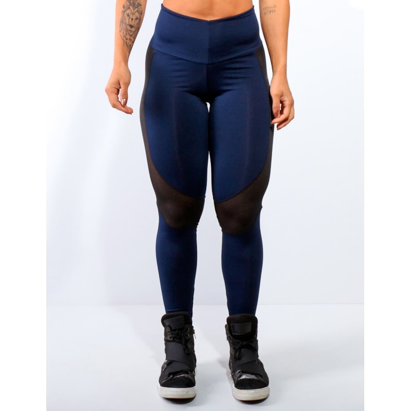 Calça Legging Azul Marinho com Recortes em Tela Preta | 4.4.4172-18