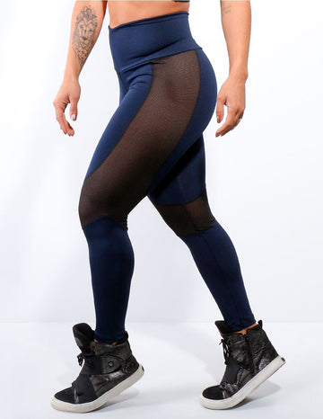 Calça Legging Azul Marinho com Recortes em Tela Preta | 4.4.4172-18