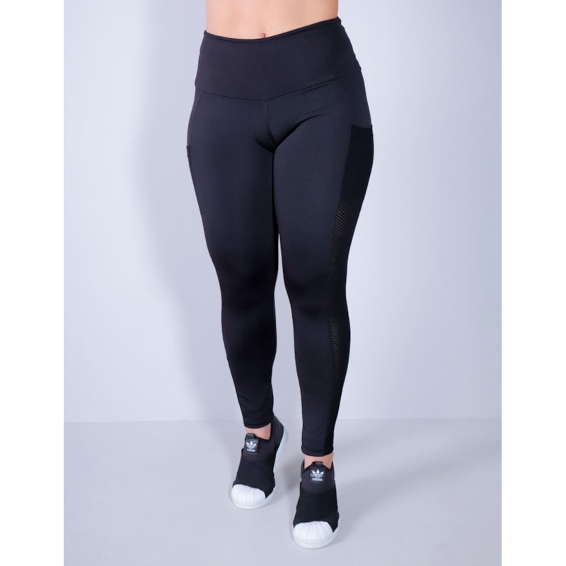 Calça Legging Preta com Bolsos e Recortes de Tela | Ref: 4.4.4291-01