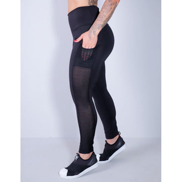 Calça Legging Preta com Bolsos e Recortes de Tela | Ref: 4.4.4291-01