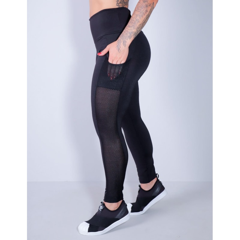 Calça Legging Preta com Bolsos e Recortes de Tela | Ref: 4.4.4291-01