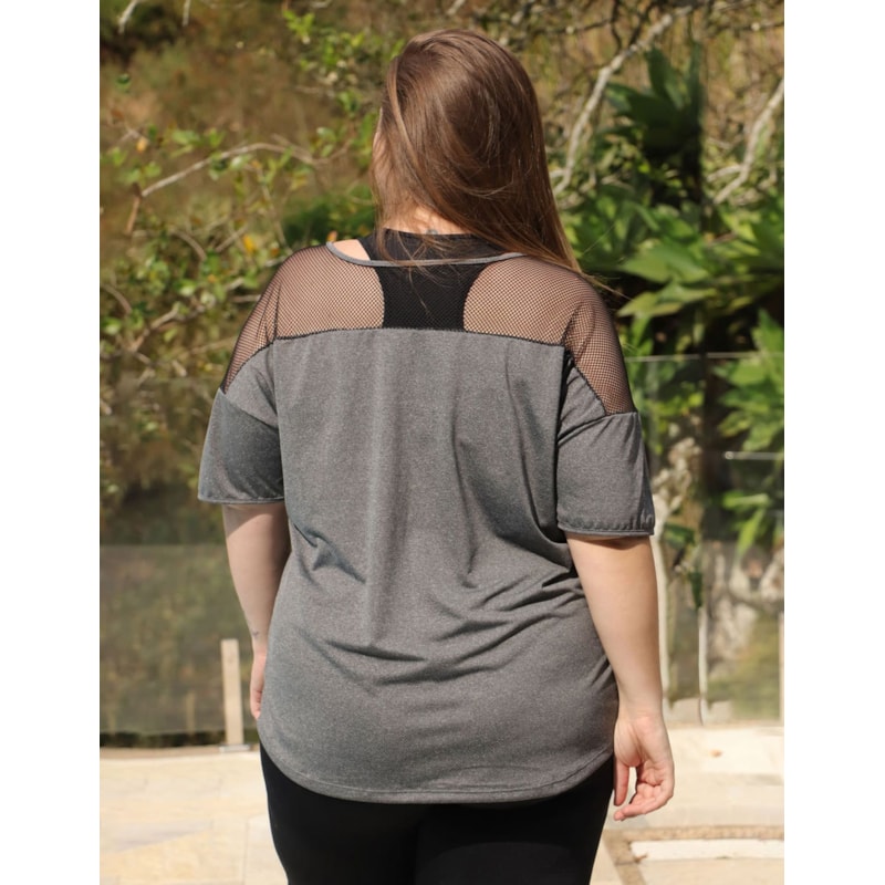 Blusa Plus Size Mescla em Dry Fit com Recortes de Tela Preta | Ref: 4.4.4143-0301