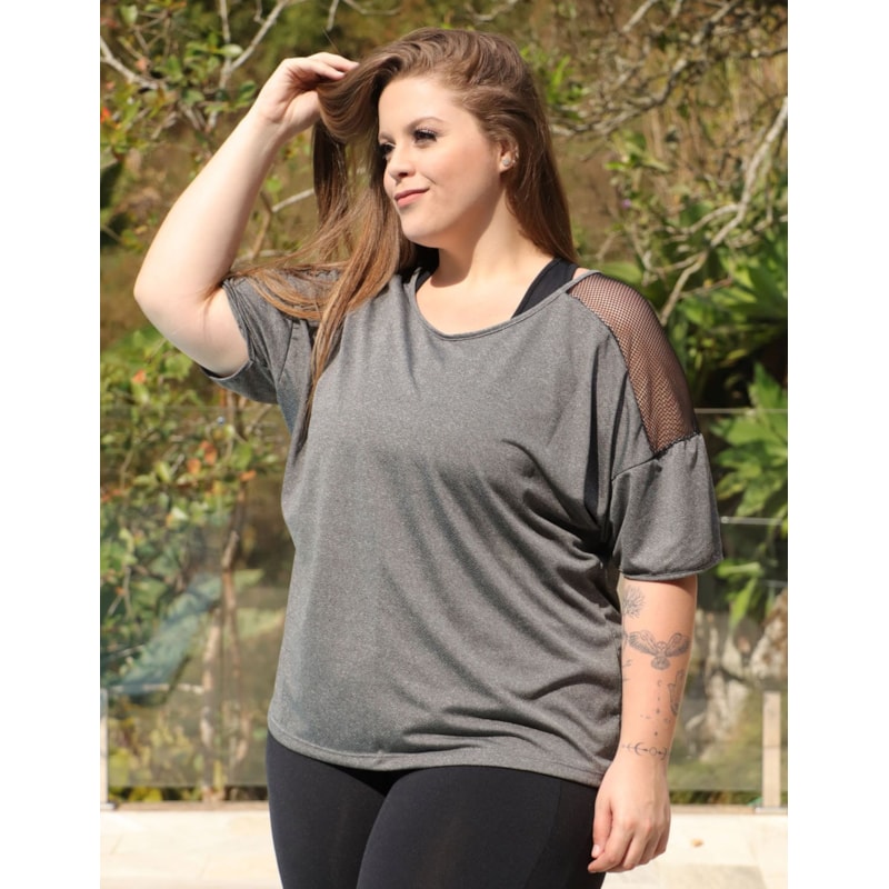 Blusa Plus Size Mescla em Dry Fit com Recortes de Tela Preta | Ref: 4.4.4143-0301