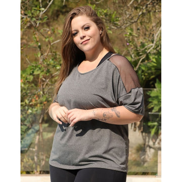 Blusa Plus Size Mescla em Dry Fit com Recortes de Tela Preta | Ref: 4.4.4143-0301