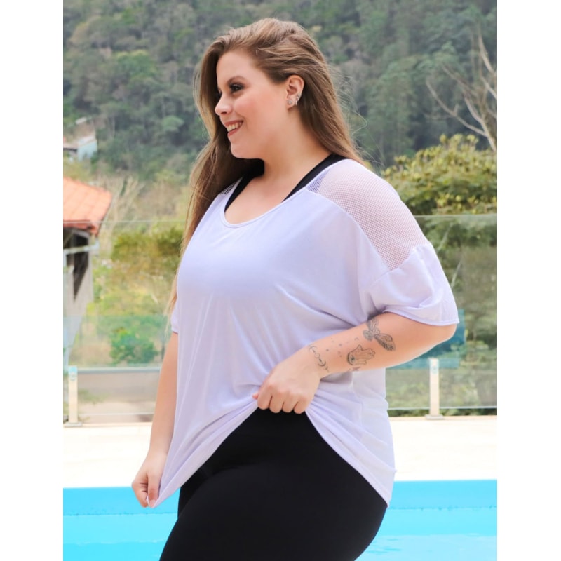 Blusa Feminina Plus Size em Dry Fit Branco com Tela | Ref: 4.4.4143-02